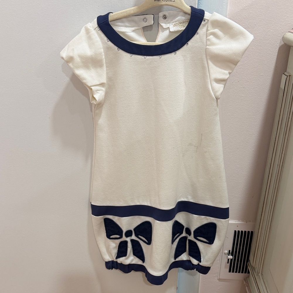 MonnaLisa Cream and Navy Bow Dress